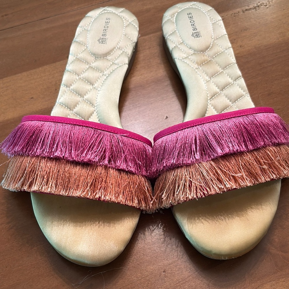 Birdies Women's Fringe Slide Sandals - Pink and Peach.